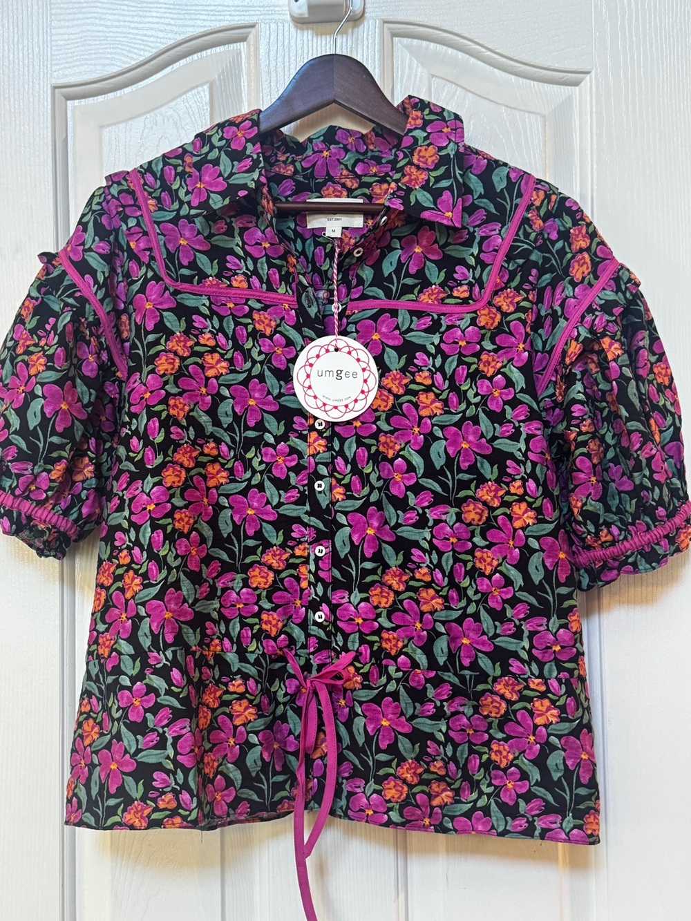 Umgee Black Floral Button-Up Top with Pink and Green Print
